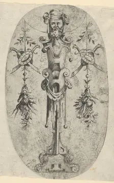 Male Terminal Figure; Head with Beard and Turban on a Three- Quarter Strapwork Pede..., ca. 1543-45. Creator: Jean Mignon