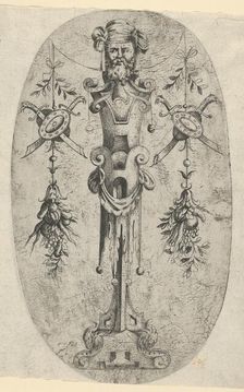 Male Terminal Figure; Head with Beard and Turban on a Three- Quarter Strapwork Pede..., ca. 1543-45. Creator: Jean Mignon