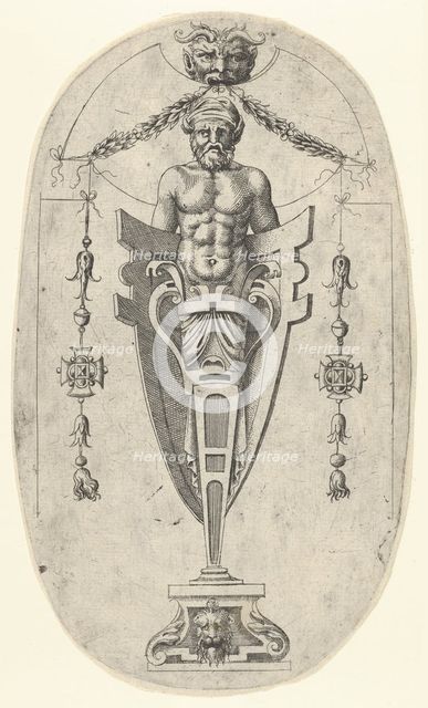 Male Terminal Figure; Torso with Beard and Turban on a Half- Length Pedestal Enclosed ..., ca. 1543. Creator: Jean Mignon.