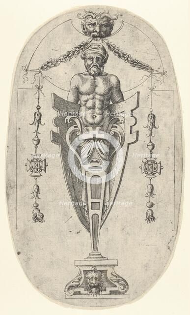 Male Terminal Figure; Torso with Beard and Turban on a Half- Length Pedestal Enclosed ..., ca. 1543. Creator: Jean Mignon.