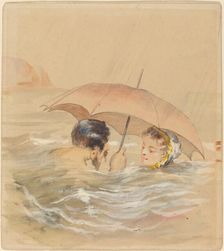 Male and Female Bathers with Umbrella. Creator: Alfred Grevin