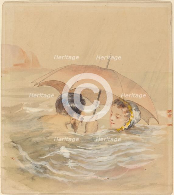Male and Female Bathers with Umbrella. Creator: Alfred Grevin.