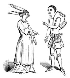 Male and female costume, c1350, (1910)