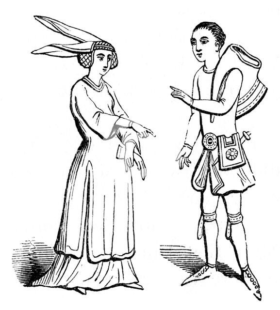Male and female costume, c1350, (1910). Artist: Unknown