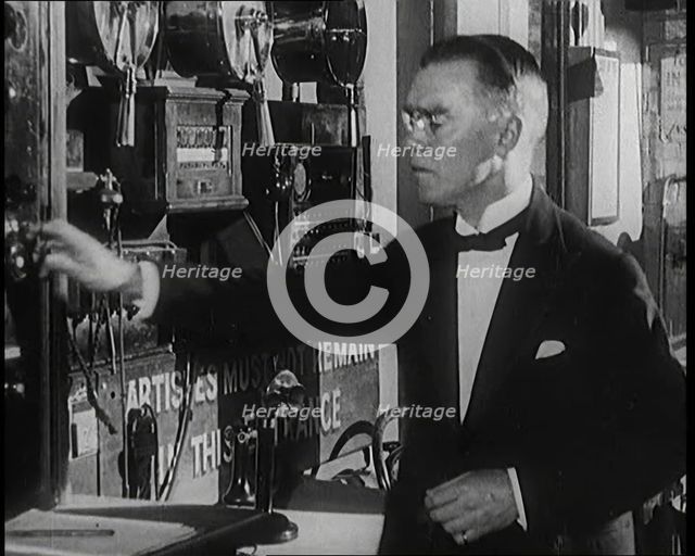 Male Civilian Working Theatrical Equipment Back Stage at a Theatre, 1920s. Creator: British Pathe Ltd.