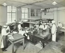 Male cookery students at work in the kitchen, Westminster Technical Institute, London, 1910