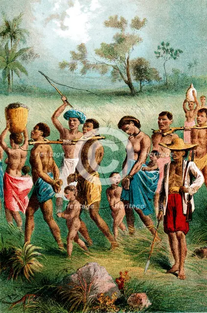 Male, female and child captives driven into slavery by Arab slave traders, c1875. Artist: Unknown