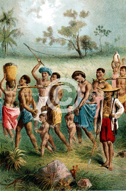 Male, female and child captives driven into slavery by Arab slave traders, c1875. Artist: Unknown