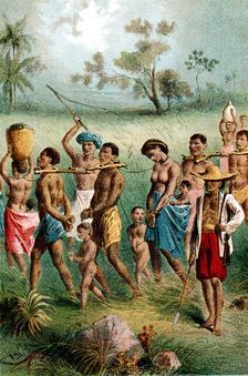 Male, female and child captives driven into slavery by Arab slave traders, c1875
