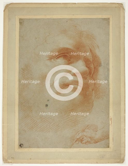 Male Head and Sketch of Right Hand Holding Stylus, 1520/24. Creators: Correggio, Unknown.