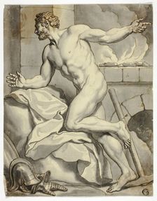 Male Nude Kneeling beside Open Hearth, with Helmet and Metal Gloves on Floor, n.d. Creator: Louis Chéron