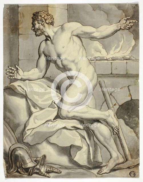 Male Nude Kneeling beside Open Hearth, with Helmet and Metal Gloves on Floor, n.d. Creator: Louis Chéron.