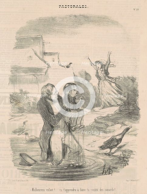 Malheureux enfant! ... ça t'apprendra à faire ta société des canards!..., c 1845. Creator: Honore Daumier.