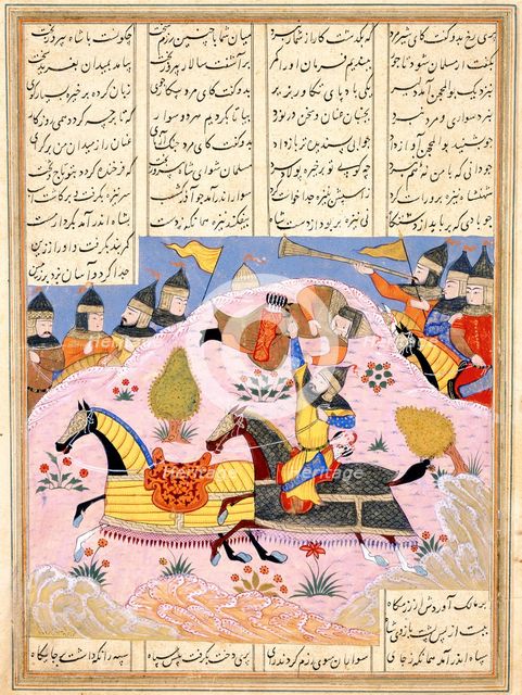 Malik Lifts Abu'l Mihjan from the Saddle. From Khavarannama (The Book of the East) of ibn Husam al-D Artist: Iranian master  