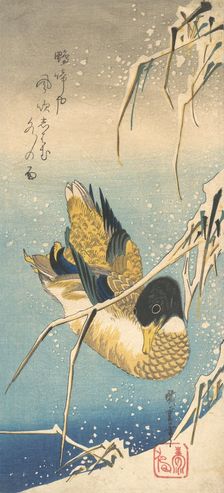 Mallard Duck and Snow-covered Reeds , ca. 1832., ca. 1832. Creator: Ando Hiroshige