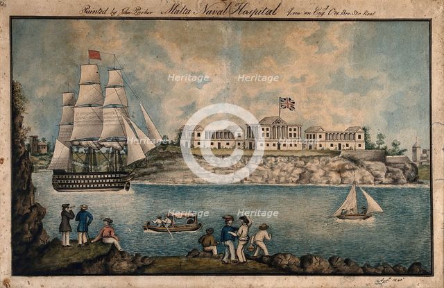 Malta: Royal Naval Hospital or Bighi Hospital, with sailors dancing on the shore, 1843. Creators: Charles de Brocktorff, Unknown.