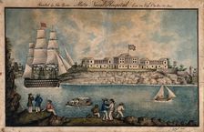 Malta: Royal Naval Hospital or Bighi Hospital, with sailors dancing on the shore, 1843. Creators: Charles de Brocktorff, Unknown