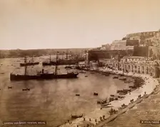 Malta: view of Grand Harbour and buildings along Barriera wharf towards Fort Lascaris and..., c1881. Creator: Horatio Agius