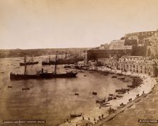 Malta: view of Grand Harbour and buildings along Barriera wharf towards Fort Lascaris and..., c1881. Creator: Horatio Agius