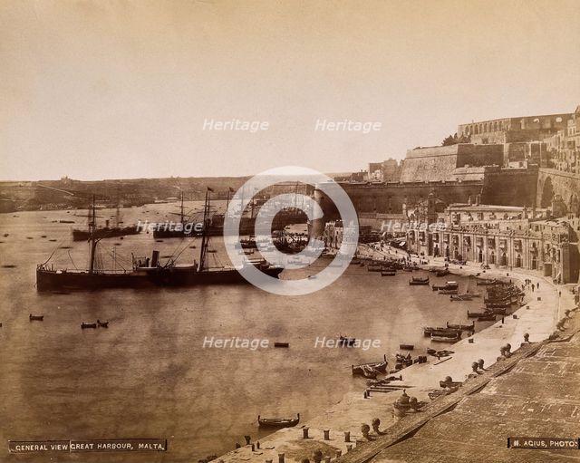 Malta: view of Grand Harbour and buildings along Barriera wharf towards Fort Lascaris and..., c1881. Creator: Horatio Agius.