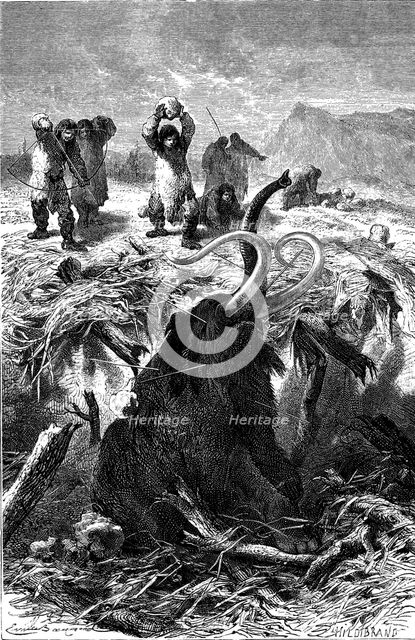 Mammoth Hunting in the Stone Age, engraving, 1900.