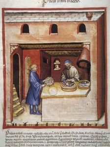 Man marinating fish in vinegar, 14th century. Creator: Unknown