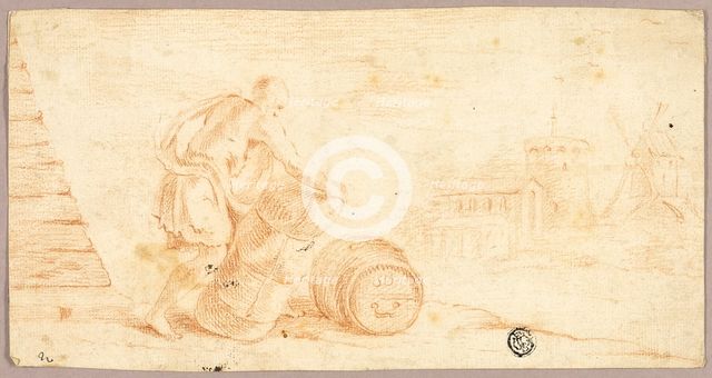 Man Moving Bale, Cask, with Windmill in Distance, n.d. Creator: Unknown.