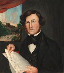 Man Named Hubbard Reading "Boston Atlas", 1843 or after. Creator: Unknown