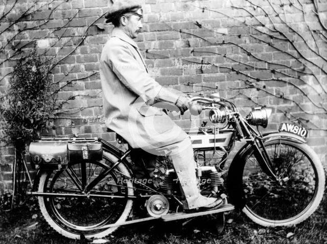 Man on a 1913 Douglas 350cc motorcycle, (c1913?). Artist: Unknown