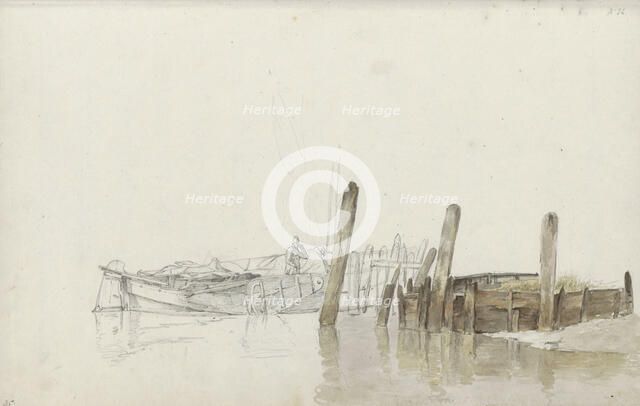 Man on a moored fishing boat at a quay, 1797-1838. Creator: Johannes Christiaan Schotel.