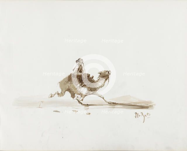 Man on a running camel in a desert landscape, 1830-1860. Creator: Albertus van Beest.