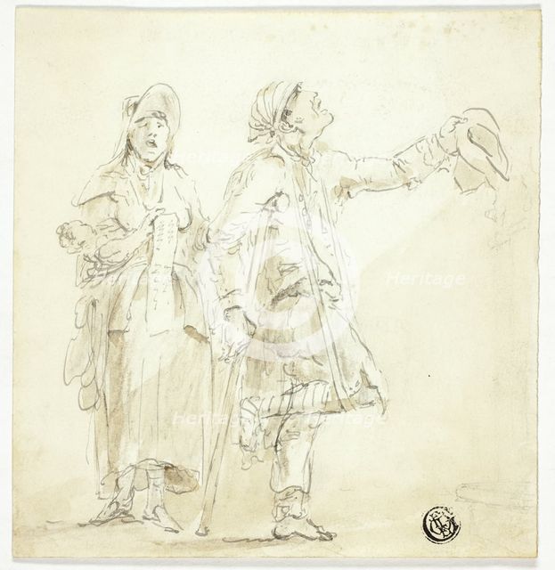 Man on Crutches Begging, with Woman Singing and Holding Baby, n.d. Creator: Unknown.
