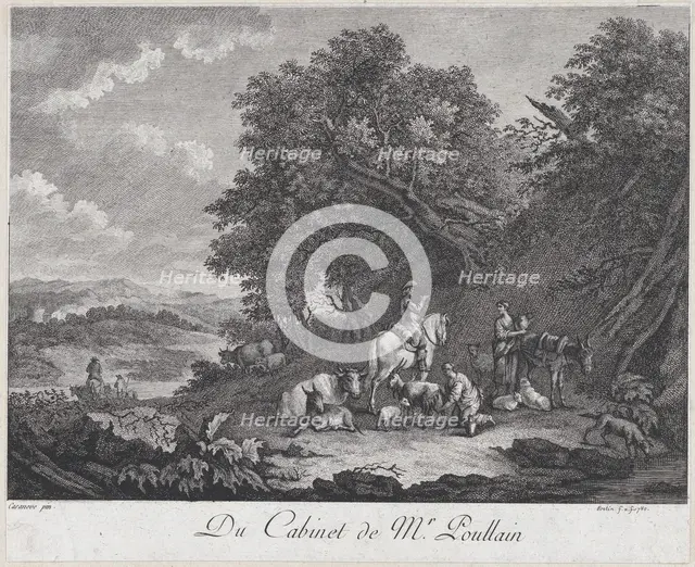 Man on Horseback Speaks to Two Shepherdesses, 1780. Creator: Unknown.