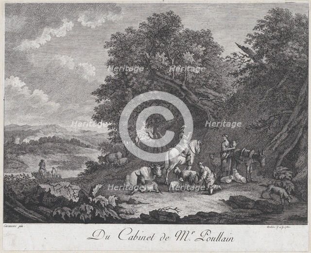 Man on Horseback Speaks to Two Shepherdesses, 1780. Creator: Unknown.