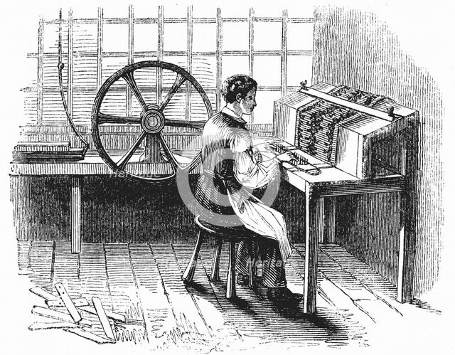 Man operating machine punching cards for Jacquard looms, 1844. Artist: Unknown
