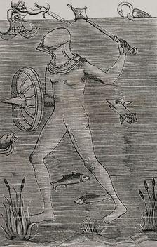 Man-at-arms: Diver using an armoured sealed diving suit to breathe, 1532, (1877). Creator: Unknown
