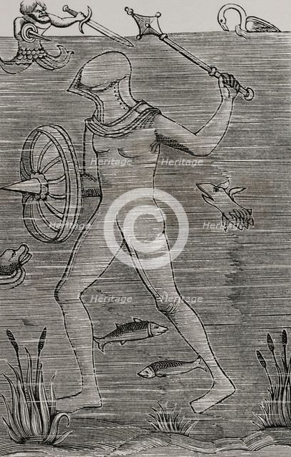 Man-at-arms: Diver using an armoured sealed diving suit to breathe, 1532, (1877).  Creator: Unknown.