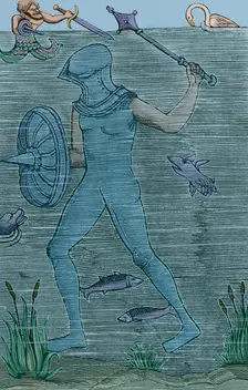Man-at-arms - diver using an armoured sealed diving suit to breathe, 1532, (1877). Creator: Unknown