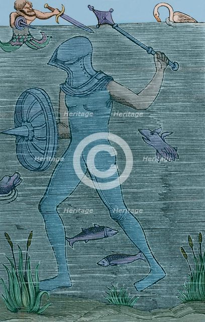 Man-at-arms - diver using an armoured sealed diving suit to breathe, 1532, (1877).  Creator: Unknown.