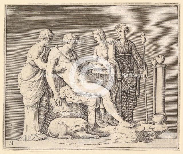 Man Attended by Three Women, published ca. 1599-1622. Creator: Unknown.