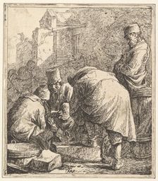 Man Adjusting His Footwear, at Left Three Men Playing Cards, 1630-77. Creator: Thomas Wijck