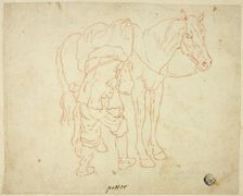 Man Adjusting Saddle on Horse, n.d. Creator: Unknown