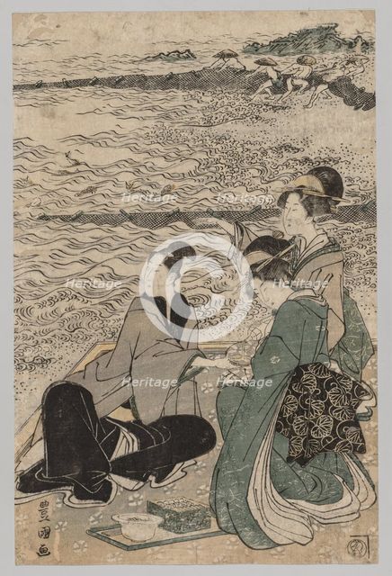 Man and Two Women at the Sea Shore, 1769-1825. Creator: Utagawa Toyokuni (Japanese, 1769-1825).