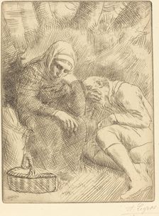 Man and Wife Seated by the Road with a Basket (Homme et femme assis au bord... Creator: Alphonse Legros