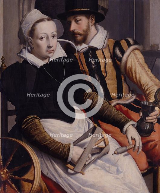 Man and Woman at the Spinning Wheel, c. 1570. Artist: Pietersz, Pieter, the Elder (1540-1603)