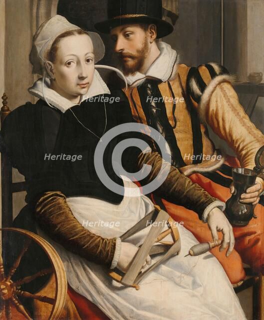 Man and Woman at a Spinning Wheel, c.1560-c.1570. Creator: Pieter Pietersz. the elder.