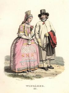 Man and woman in wedding clothes from Vingåker, Södermanland, "Sandberg / Forssell". Creator: Unknown