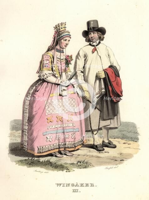 Man and woman in wedding clothes from Vingåker, Södermanland, "Sandberg / Forssell". Creator: Unknown.
