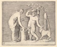 Man and Woman Sacrificing a Goat, published ca. 1599-1622. Creator: Unknown
