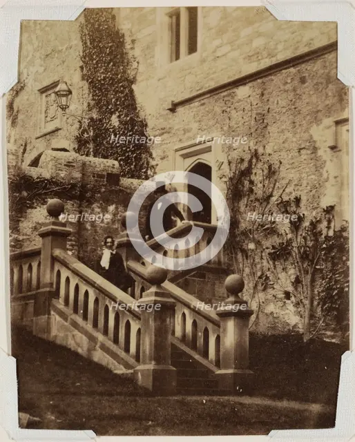 Man and Woman Standing on Exterior Stairs, c1870. Creator: Francis Edmund Currey.